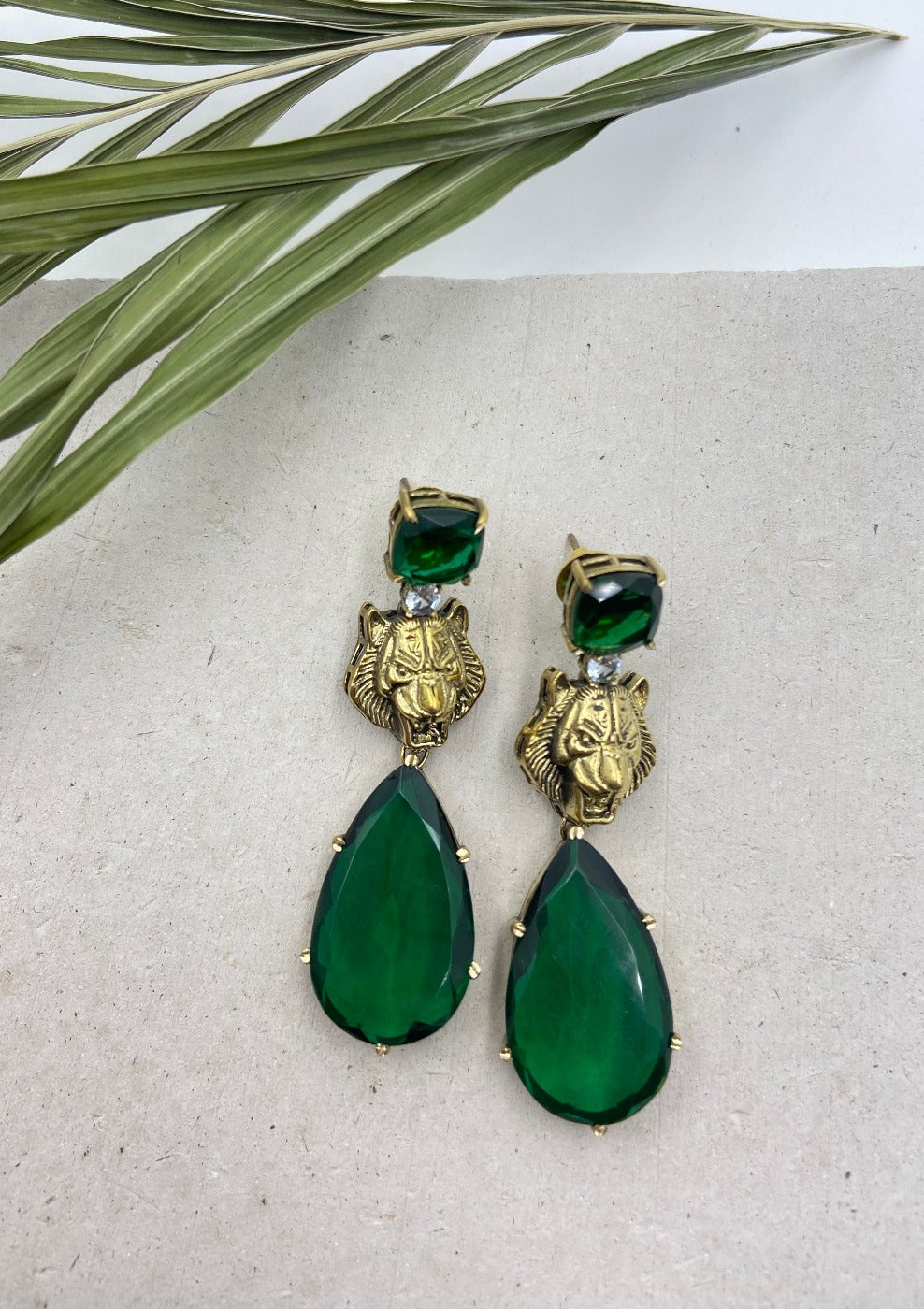 Emerald Green Drop Earrings With Lion Motif - QUEENS JEWELS